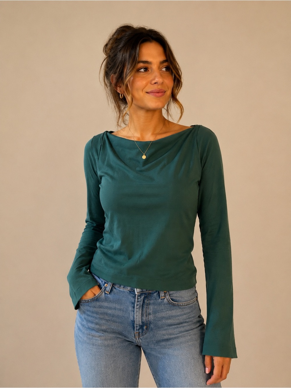FP Intimately Long-Sleeve Boatneck Top in Forest Green